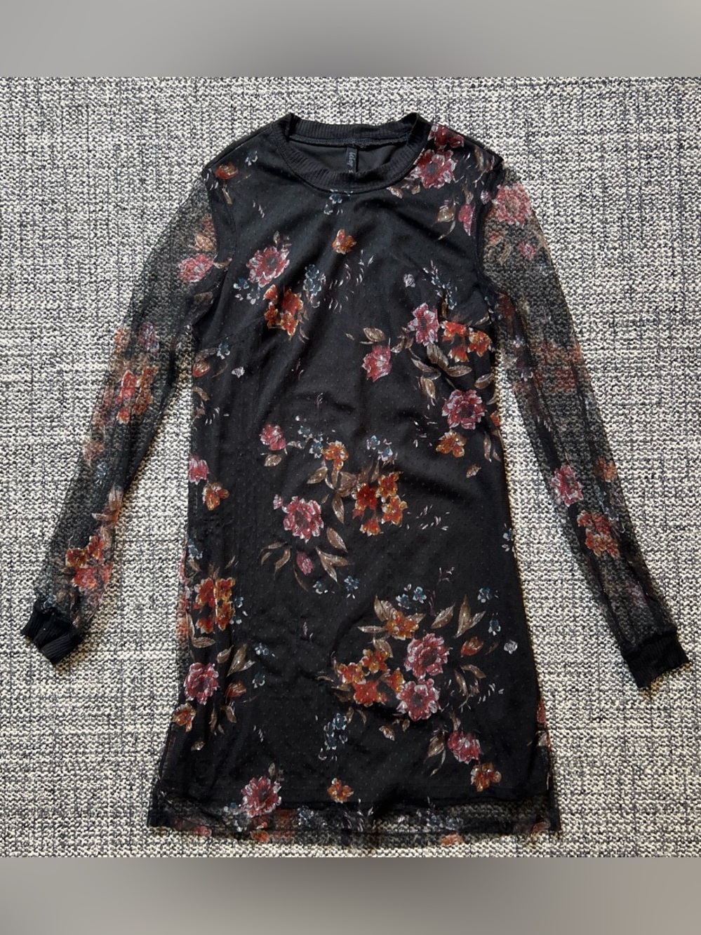 BeBop Black Floral Mesh Long Sleeve Bodycon Dress with Burgundy Roses